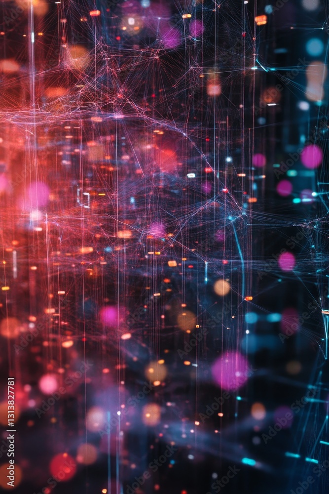 Poster this abstract digital background showcases colorful lights intertwined with network lines, creating 