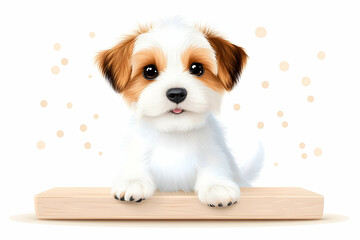 Adorable fluffy puppy with brown ears and white fur sitting on a wooden surface