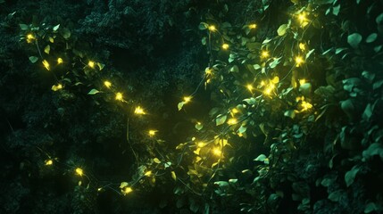 Fototapeta premium Glowing yellow lights illuminate green leaves on dark textured surface