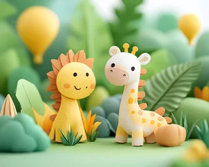 Adorable papercraft lion and giraffe in a lush, vibrant jungle scene with balloons