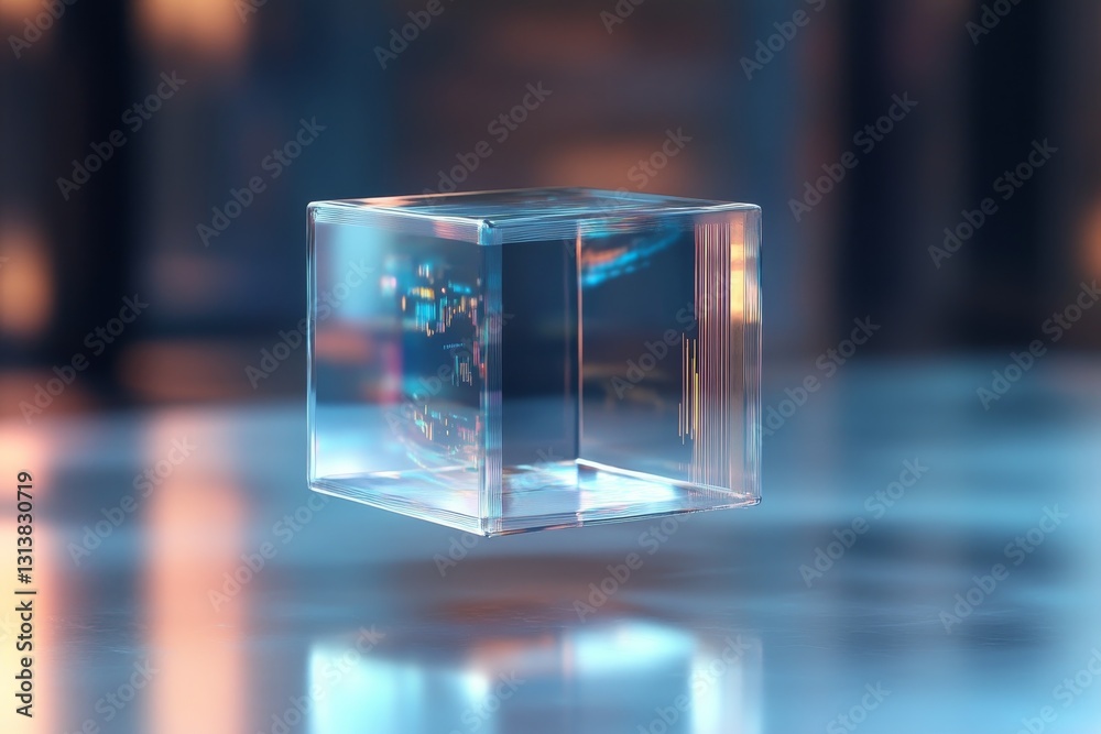 Poster a floating transparent cube in a serene setting creates a captivating visual experience with vibrant