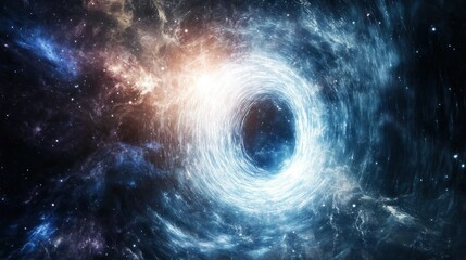 A swirling cosmic aperture illuminates the interstellar nebulous backdrop of space