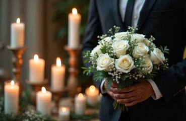 Well-dressed man holds bouquet of white roses, green plants surrounded by lit candles in candle holders. Funeral setting, grief, mourning theme, floral arrangement, solemnity, tribute, respect,