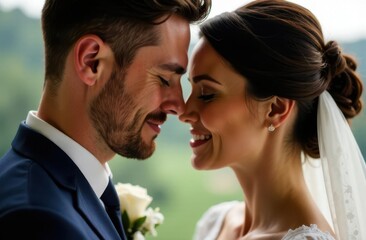 Naklejka premium Couple sharing a tender moment during their wedding ceremony in nature