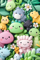 Fototapeta premium Cheerful pastel dinosaurs and flowers in a lush green garden