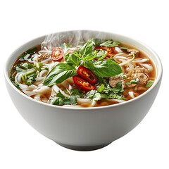A Hot Bowl of Pho with Steam Rising and Herbs Scattered Isolated on Transparent Background