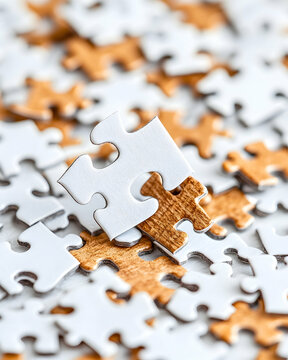 Close-up of a single white jigsaw piece atop a tan piece, amidst a sea of numerous unplaced white and tan puzzle pieces