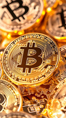 Close-up of gold cryptocurrency coins, showcasing intricate details and a digital circuit board beneath