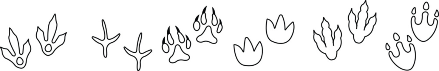 Dinosaur tracks icon set. Dragon tracks foot print symbol silhouette black vector collection isolated on transparent background. Dino cute trail texture. Hand drawn paleontology dinosaur paw prints.