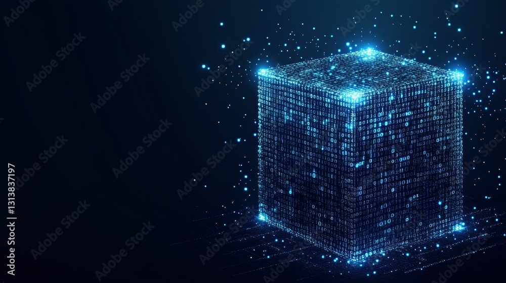 Poster a captivating digital cube surrounded by glowing particles, featuring a backdrop of binary code. thi