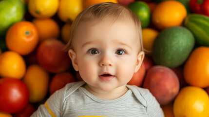 Fototapeta premium Baby enjoying a playful moment surrounded by colorful fruits in a vibrant setting