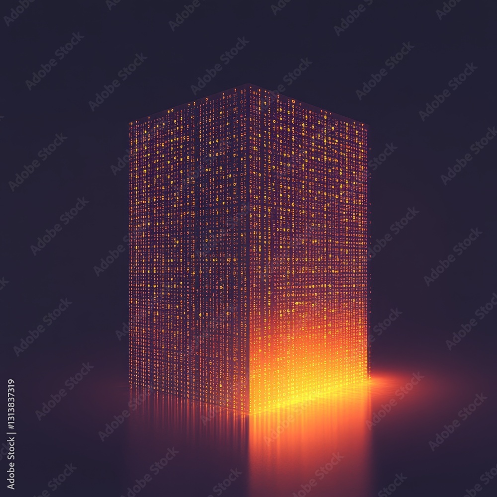 Poster a mesmerizing neon data tower shines with glowing binary code, creating a futuristic atmosphere perf