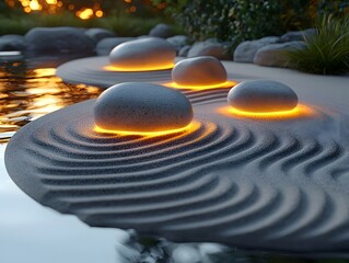 Radiant Zen Garden at Sunset with Glowing Sand Patterns and Stones