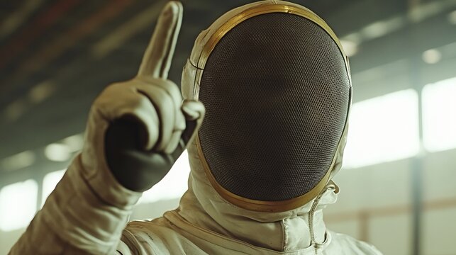 Fencer saluting after a match, mask lifted with a respectful nod