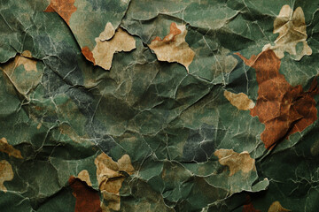 Detailed green brown camouflage crumpled paper texture background old war worn dark army style image