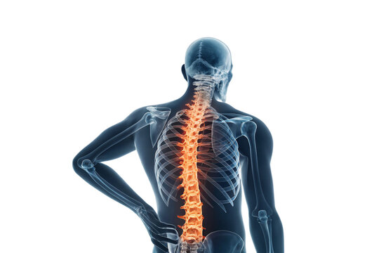 A 3D-rendered X-ray image of human body with an inflamed spine highlighted in red. The person holds their lower back, suggesting spinal pain or discomfort, isolated on a transparent background