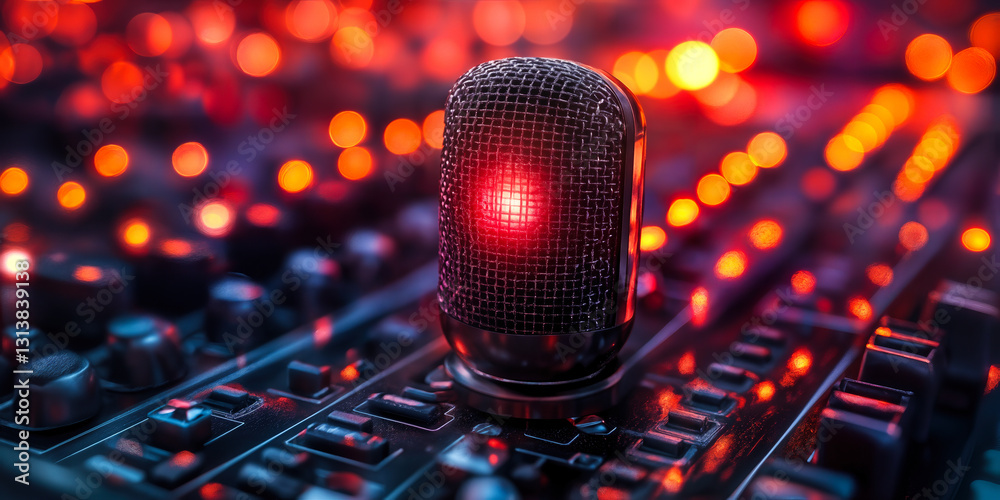 Poster microphone on vibrant audio control panel with illuminated buttons in dynamic sound studio environme