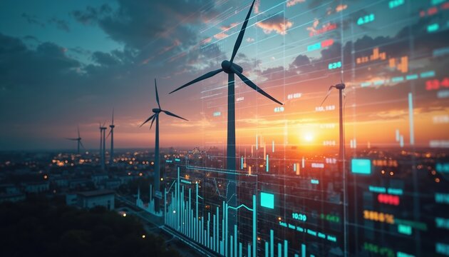 Wind turbines farm at sunset sky. Green energy growth chart, electric power price increasing due inflation at world market. Sustainable resources development, alternative electricity, ecology,