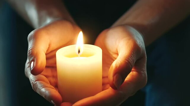 Close-up of a hand holding a lit candle in the dark