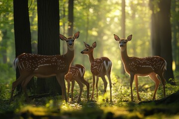 Group of deer standing together in a sunlit forest during early morning hours