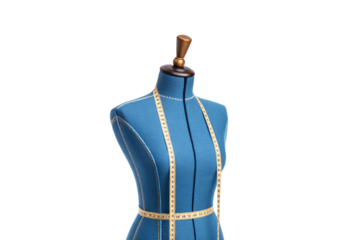 A close-up of the blue dress form, emphasizing its elegant curves, golden measuring tape, and wooden finial, showcasing fashion design details, isolated on a transparent background