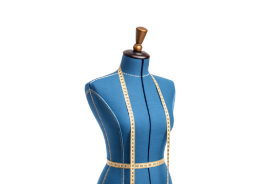 A close-up of the blue dress form, emphasizing its elegant curves, golden measuring tape, and wooden finial, showcasing fashion design details, isolated on a transparent background