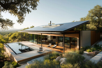 A contemporary solar-powered retreat surrounded by greenery, integrating sustainability and luxury.
