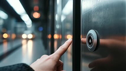 Close-up of a hand pressing the button to open subway doors