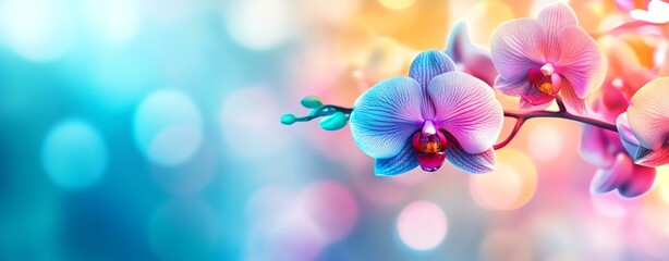 Naklejka premium Vibrant orchid flowers with colorful bokeh backdrop