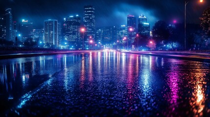 Obraz premium Vibrant neon light reflections streak across a wet city street after rain, providing a dynamic background for technology concepts.
