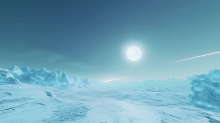 Frozen Alien Landscape Blue Ice Planet with Glowing Sun and Meteors.