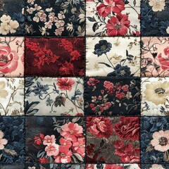 Seamless decorative patchwork quilt with flowers design pattern
