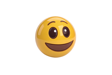 A smooth glossy yellow sphere with large, shiny eyes and an upturned smile, representing happiness in a polished, cartoon-like finish, isolated on a transparent background