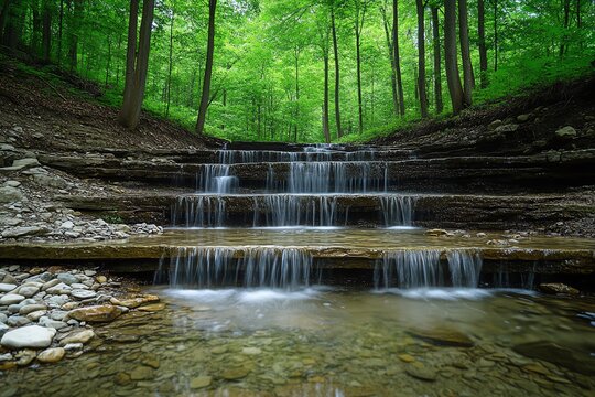 Captivating Cascading Waterfalls Surrounded by Lush Green Forest Landscape
