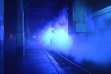 A captivating train station scene shrouded in blue fog, creating an eerie yet mesmerizing atmosphere. Ideal for conveying themes of mystery and solitude.