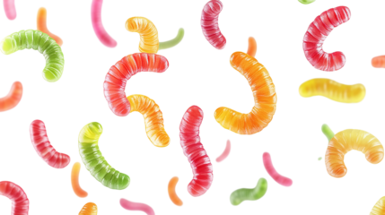 Falling sour gummy worms, isolated on transparent background