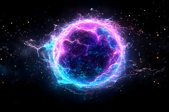 Glowing cosmic sphere with vibrant energy flows and a dark background