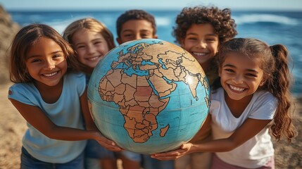 Children joyfully holding a globe depicting Africa and Europe by the beach during a sunny day