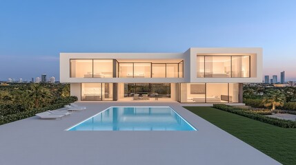 Fototapeta premium Modern Luxury Villa with Infinity Pool and City Views