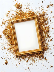 Gold frame nestled in glittering gold confetti on white background