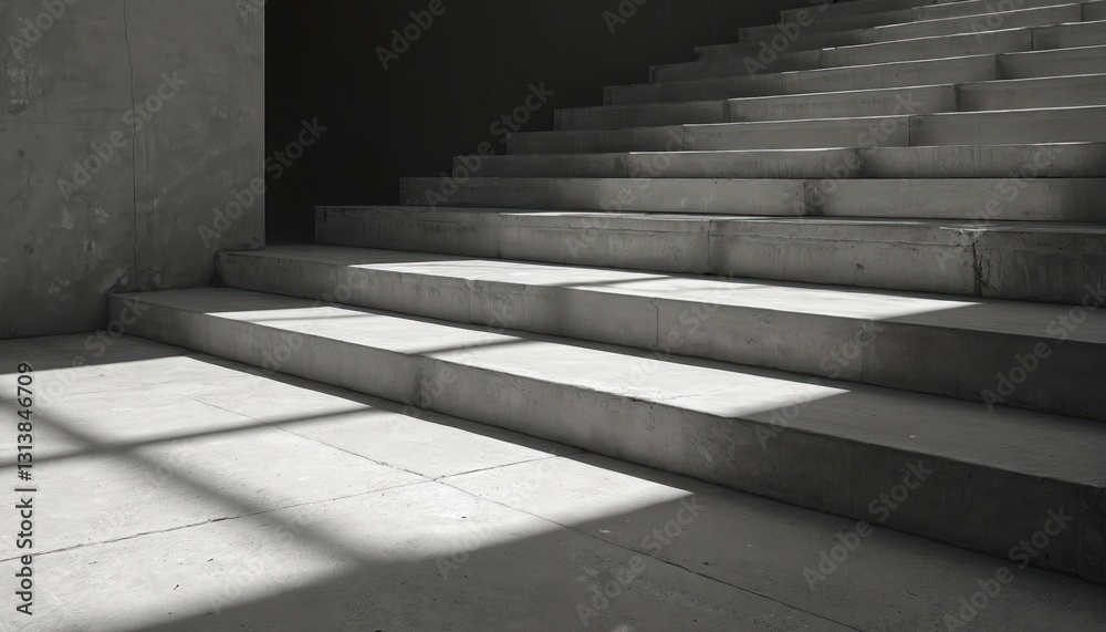Aufkleber sunlight casts dramatic shadows on empty concrete stairs. monochrome photo of building architecture.