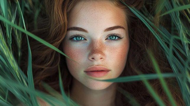 Beautiful redhead woman with freckles in lush green grass summer nature portrait hair eyes face skin