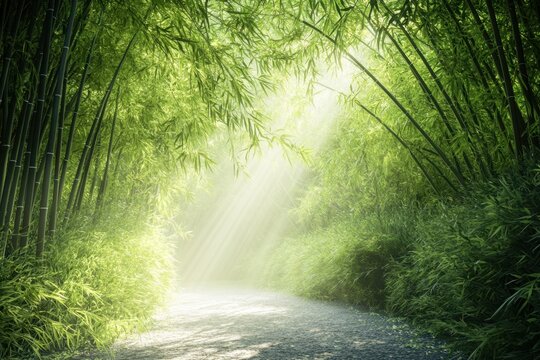 Bamboo forest pathway illuminated by gentle sunlight in a tranquil setting - Powered by Adobe