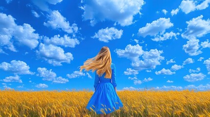 Obraz premium Golden Fields and Azure Skies: A Woman's Journey