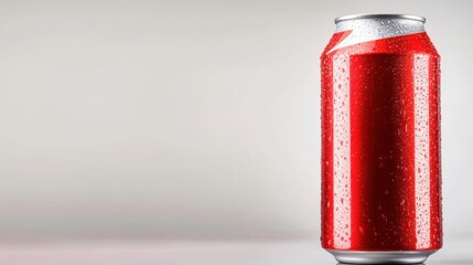Close-up of a cold, red aluminum can with condensation droplets on a light gray background.