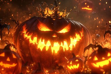 Fototapeta premium An eye-catching Halloween pumpkin with a menacing grin and fiery glow, surrounded by smaller pumpkins and bats, perfect for evoking a spooky atmosphere.
