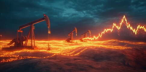 Fototapeta premium Oil pump jacks in the desert at sunset, casting a warm glow over the arid landscape.