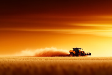 Fototapeta premium In a serene golden wheat field, a combine harvester skillfully moves through the swaying crops, creating a majestic dust cloud. Warm sunlight bathes the landscape in a tranquil glow