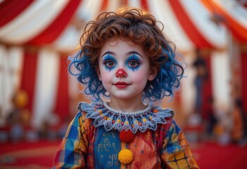 Colorful clown child poses in vibrant circus setting