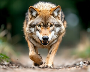 Obraz premium Majestic reddish-brown wolf approaching directly, intense gaze, paws on ground